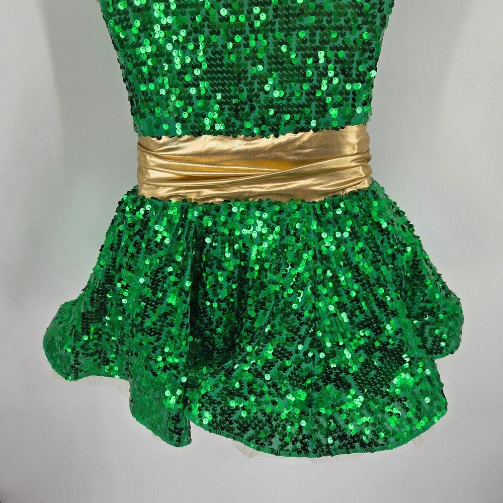 Weissman Green Gold Sequin Dance Costume Halter Strappy Back LC Performance